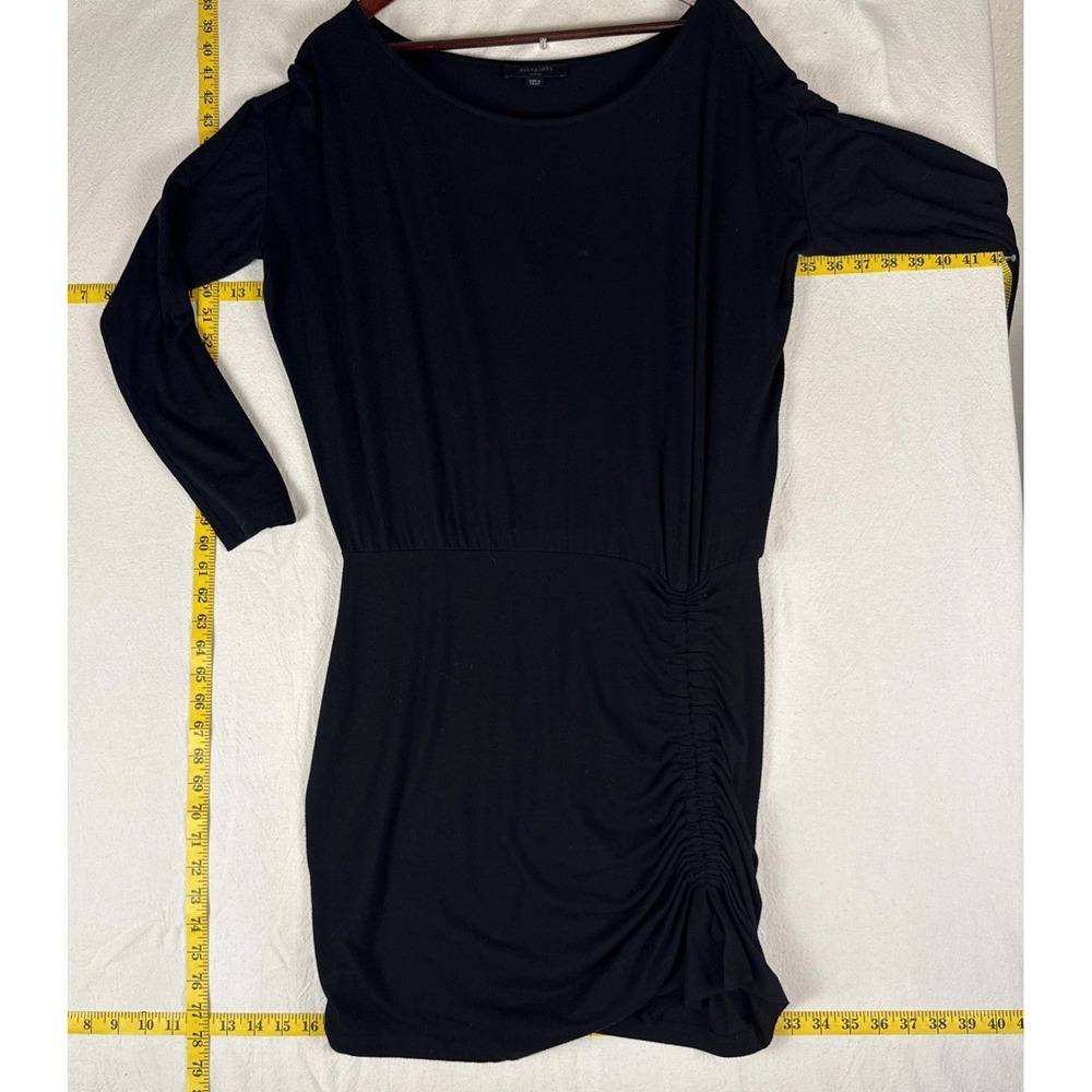 ALLSAINTS Tavi Ruched Bodycon Dress Black Boat Neck Long Sleeve Size Large Gothy